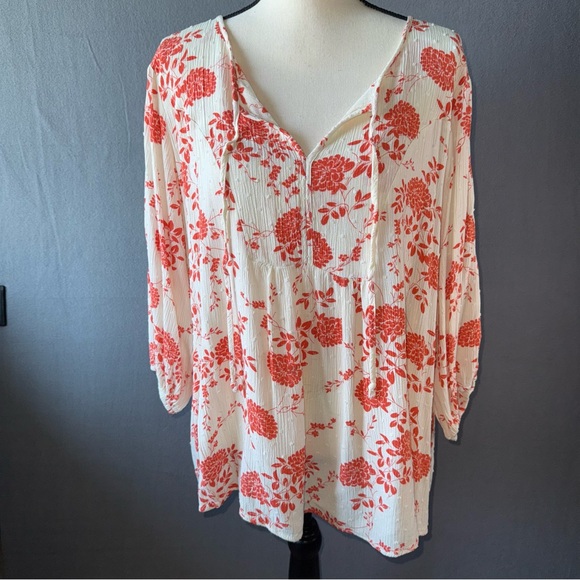 PaperMoon Elegant Boho Flowy Rayon Floral Women's Blouse - Coral and White 2X - Picture 1 of 9